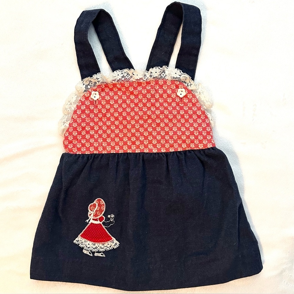 Vintage Health-Tex Pinafore Overall Dress 3T Red Blue Lace Trim Girl w/Flowers